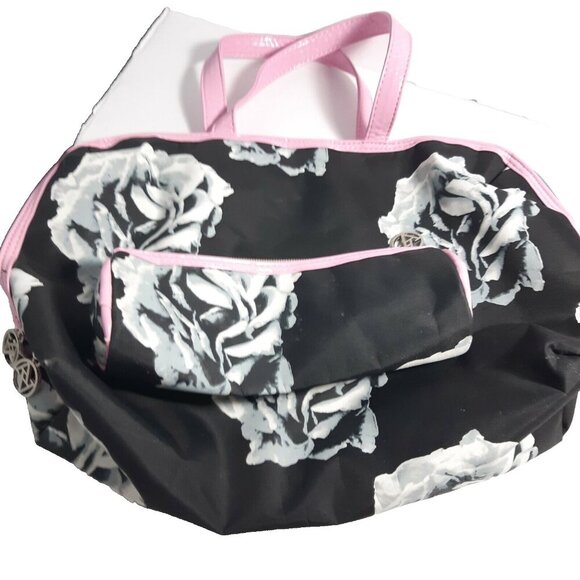Travel Set Tote Bag Matching Pouch Carrying Case Floral Black Pink Nylon Light - Picture 1 of 4